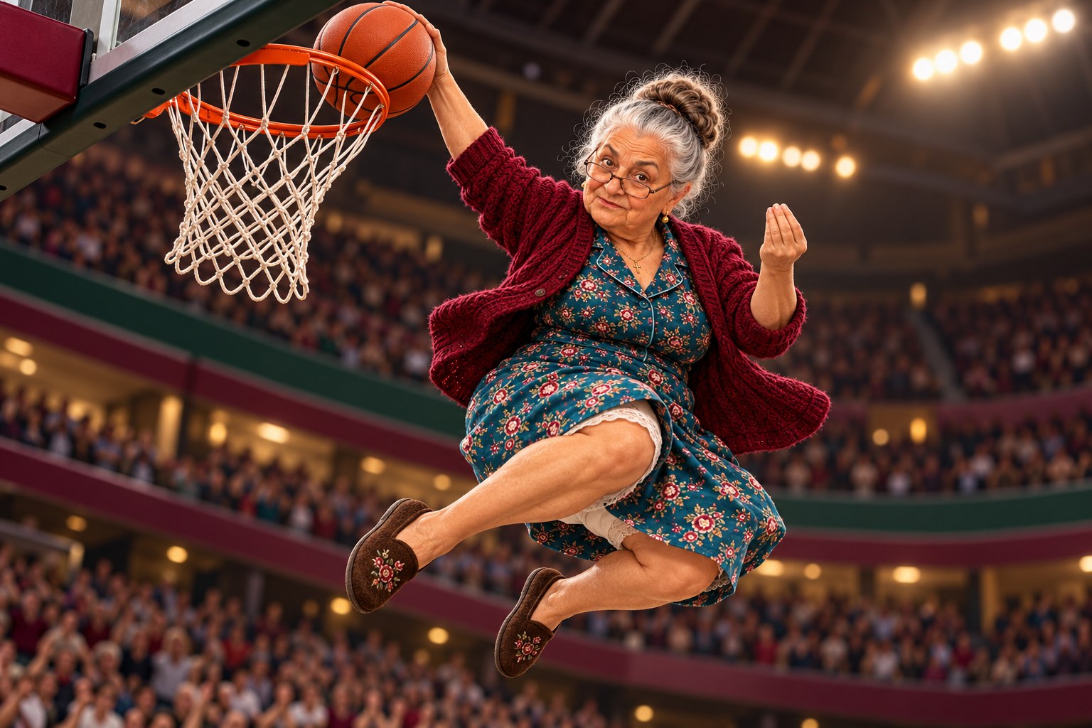 Nonna Rosa slam-dunks a basketball in her floral dress and slippers.