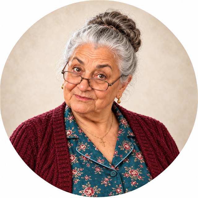 Nonna looking over her glasses, one eyebrow raised.